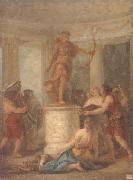 unknow artist, Interior of a classical temple,with hunters making an offering to a statue of diana